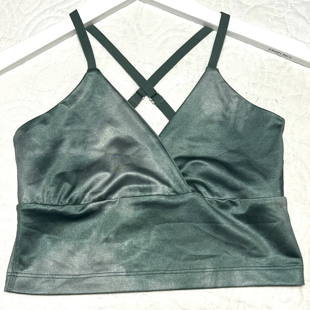 Beyond Yoga Forest Green Satin Sheer‎ Criss Cross Bra Size XS